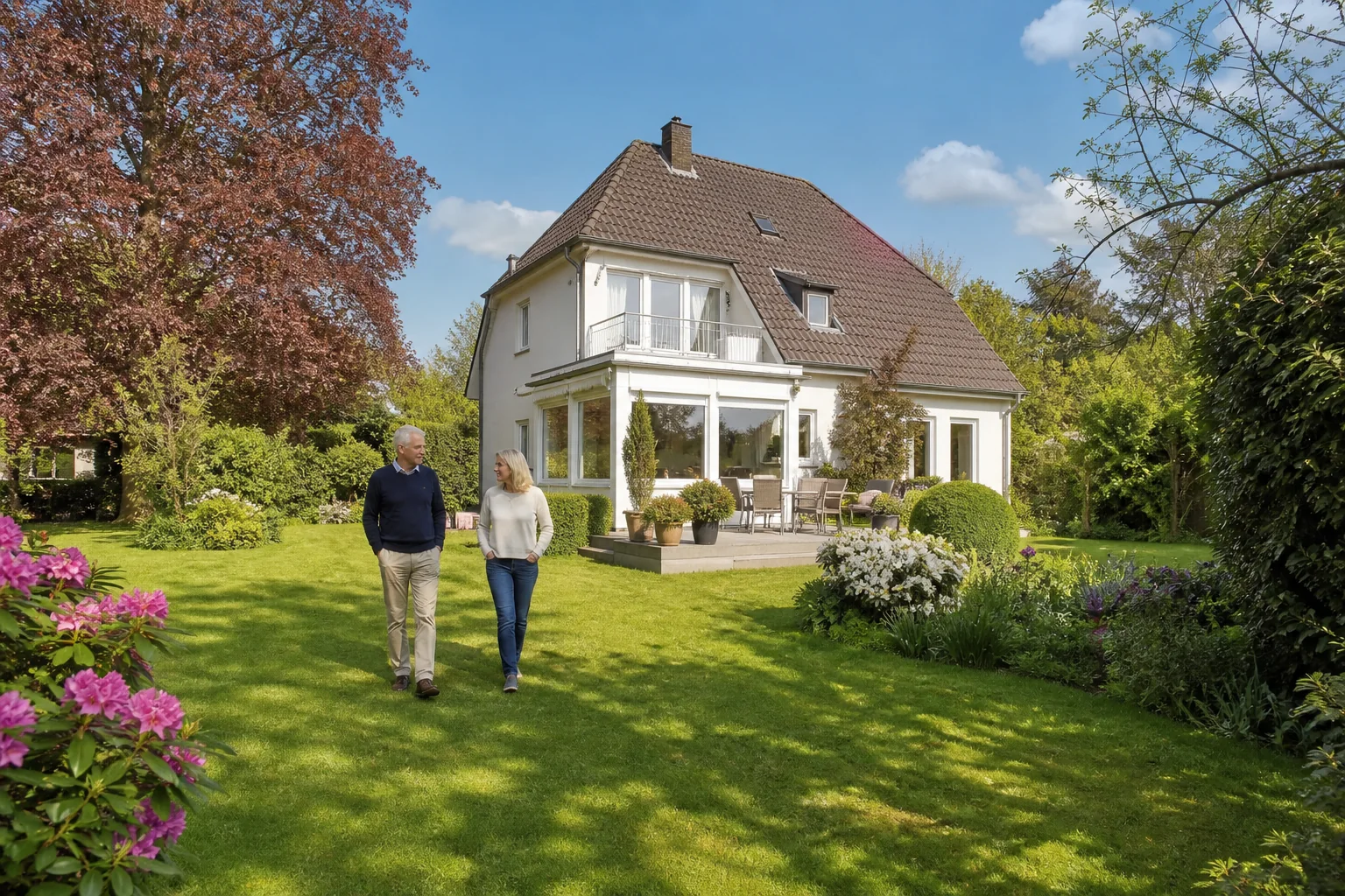 Eigentümer in einem gewachsenen Garten vor ihrem Wohnhaus
